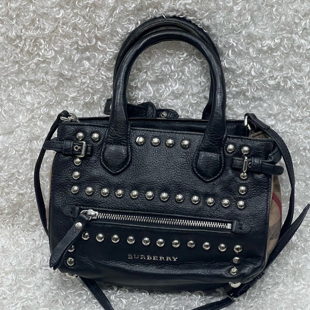 Burberry Black Leather Studded Tote with Check Side Panels